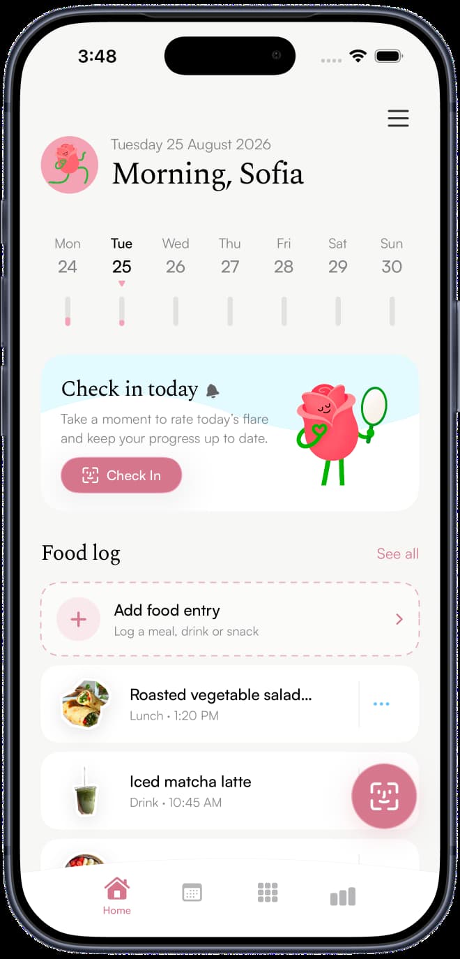 Rosie’s Diary home screen showing a daily check-in and food log